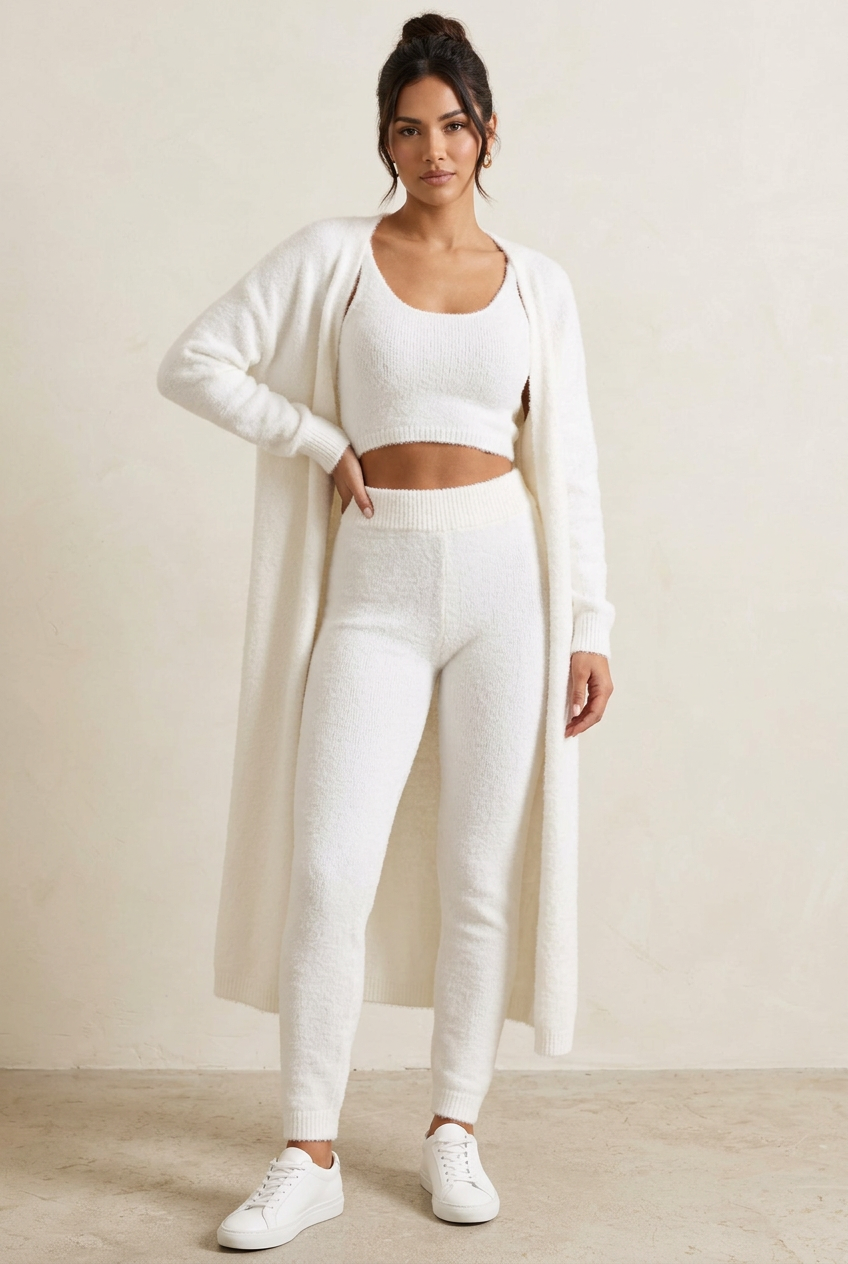 AI-generated studio styling image of a model wearing a white three-piece lounge set